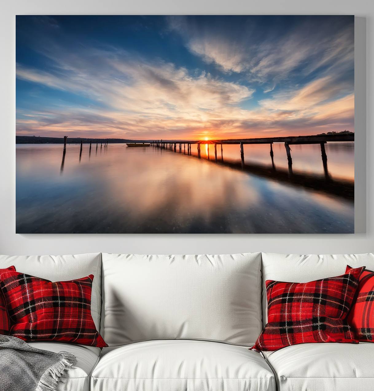 -Sunset Pier Giclee Canvas Wall Art – Serene Coastal Landscape for Modern Home Decor, Large