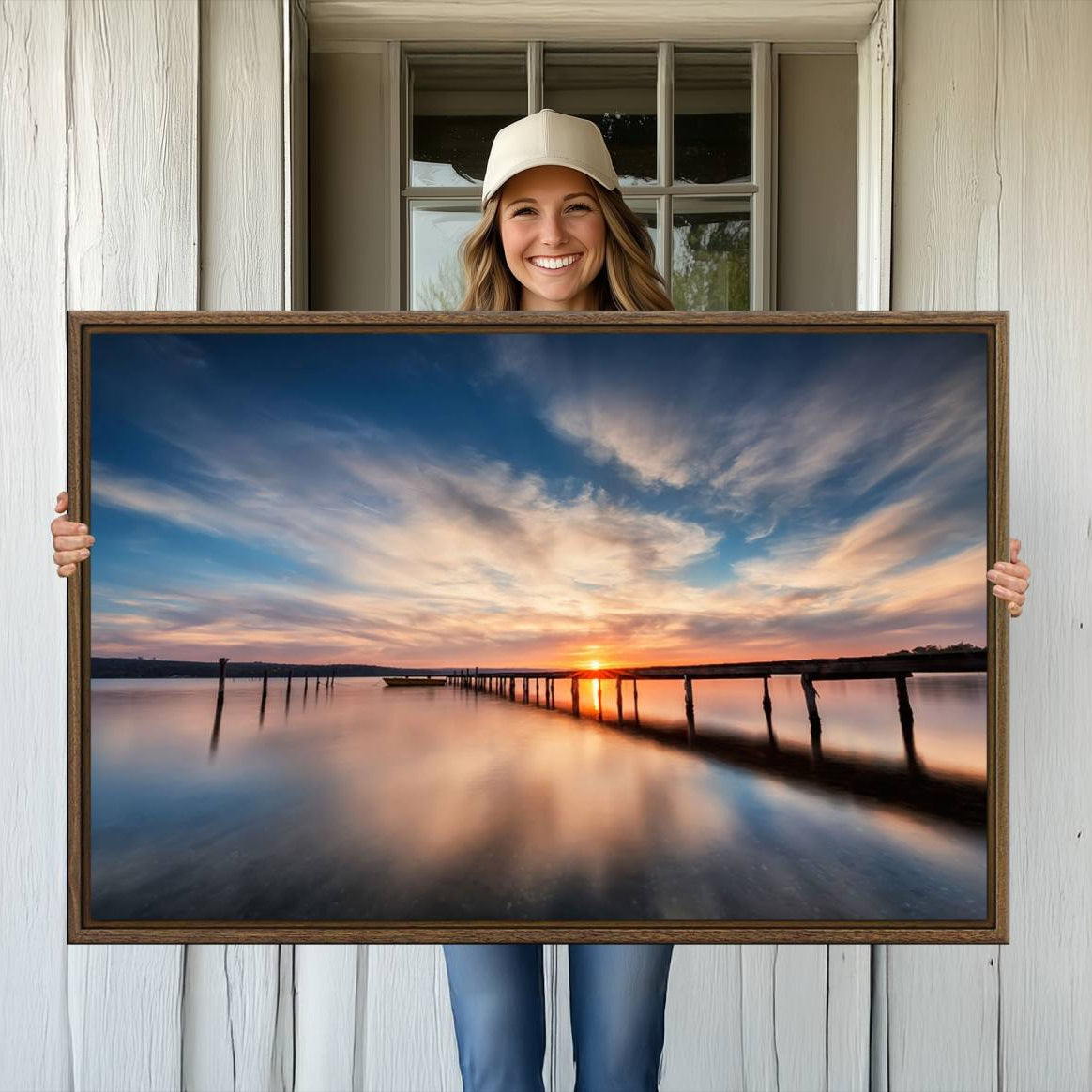 -Sunset Pier Giclee Canvas Wall Art – Serene Coastal Landscape for Modern Home Decor, Large