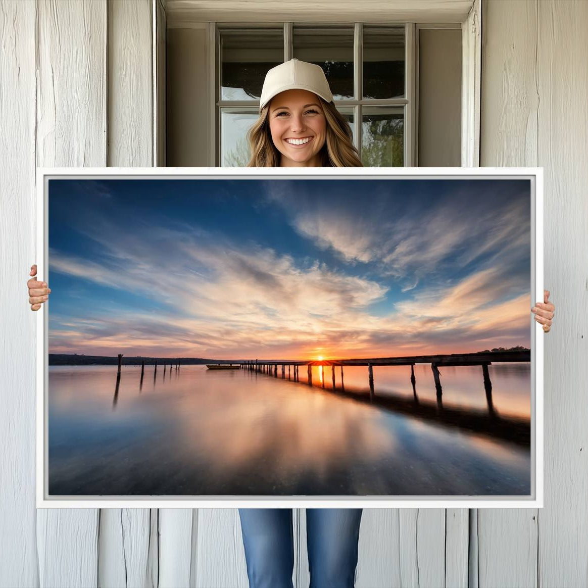 -Sunset Pier Giclee Canvas Wall Art – Serene Coastal Landscape for Modern Home Decor, Large