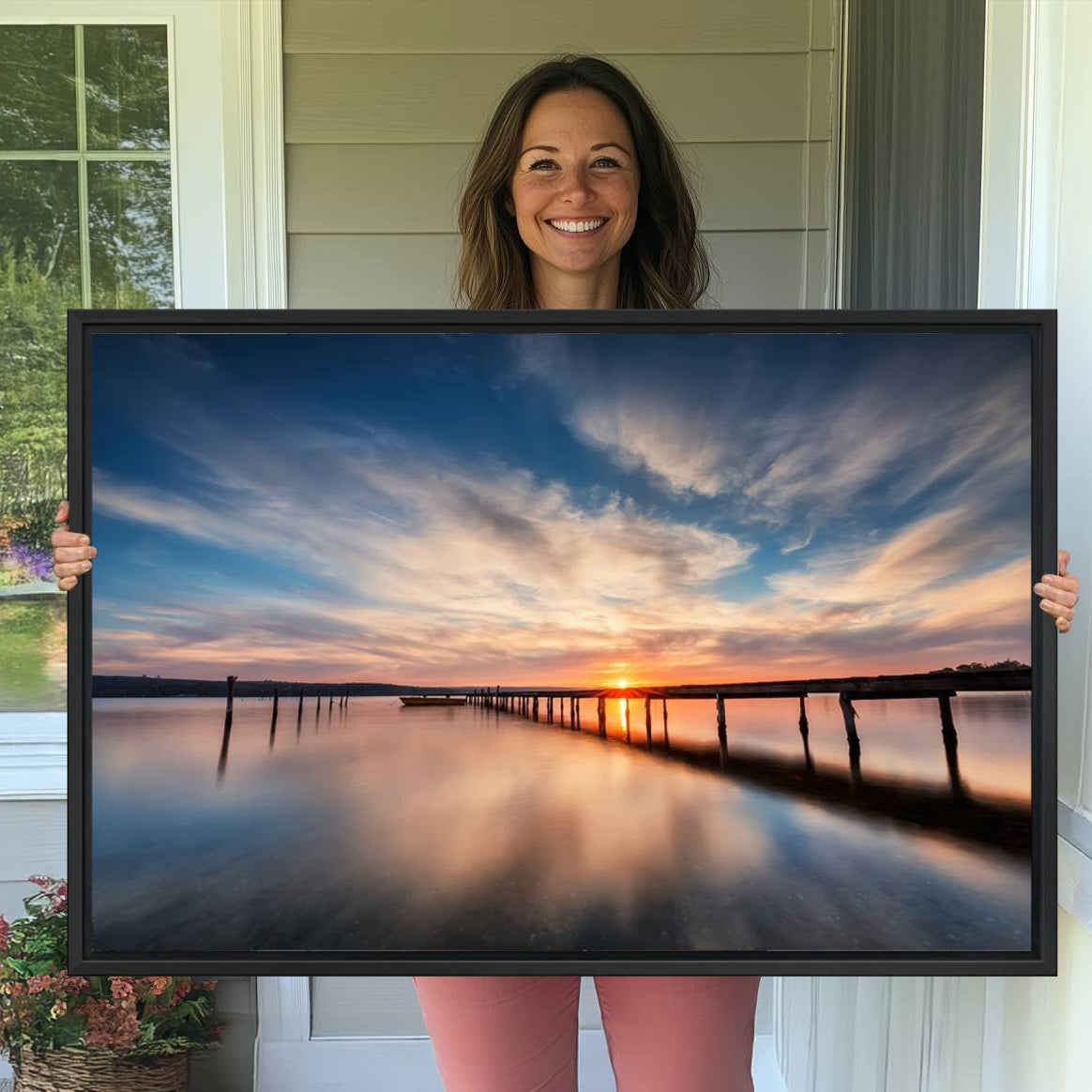 -Sunset Pier Giclee Canvas Wall Art – Serene Coastal Landscape for Modern Home Decor, Large