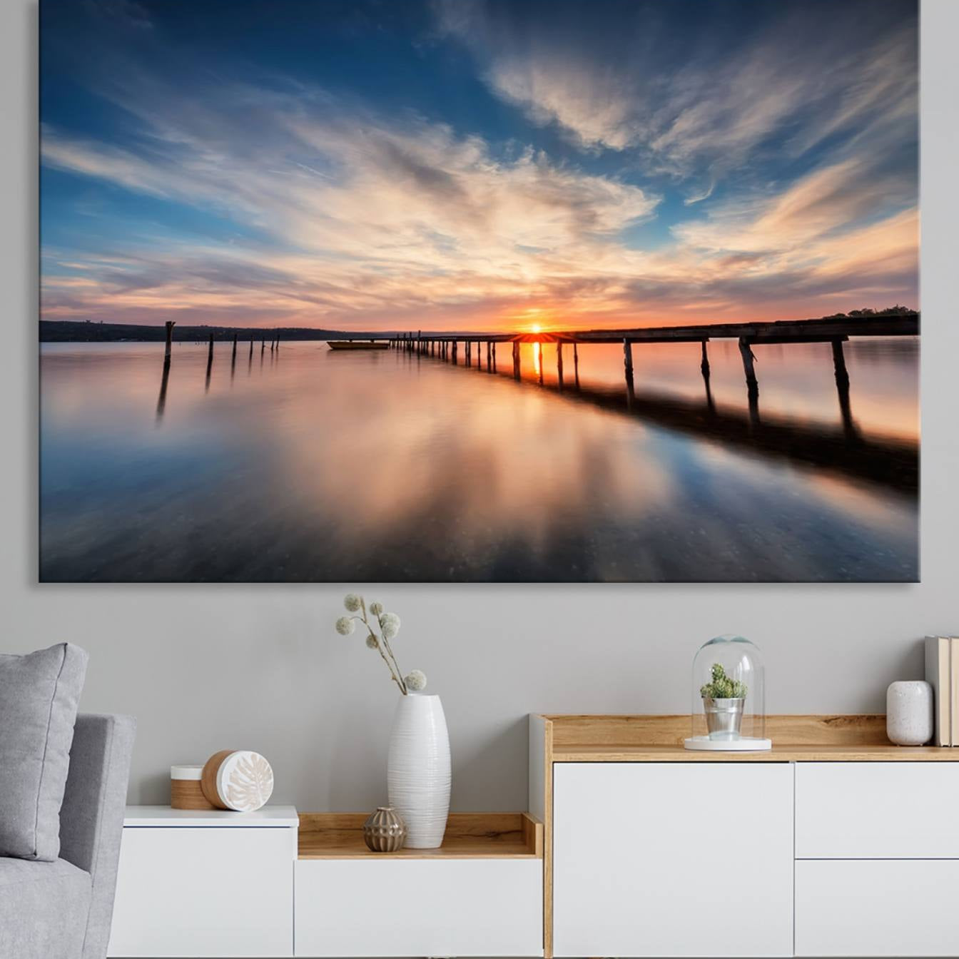 -Sunset Pier Giclee Canvas Wall Art – Serene Coastal Landscape for Modern Home Decor, Large