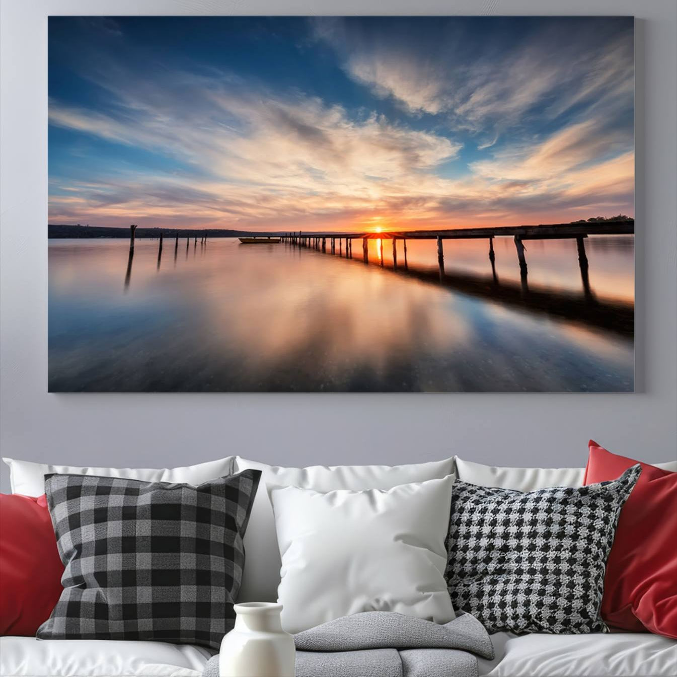 -Sunset Pier Giclee Canvas Wall Art – Serene Coastal Landscape for Modern Home Decor, Large