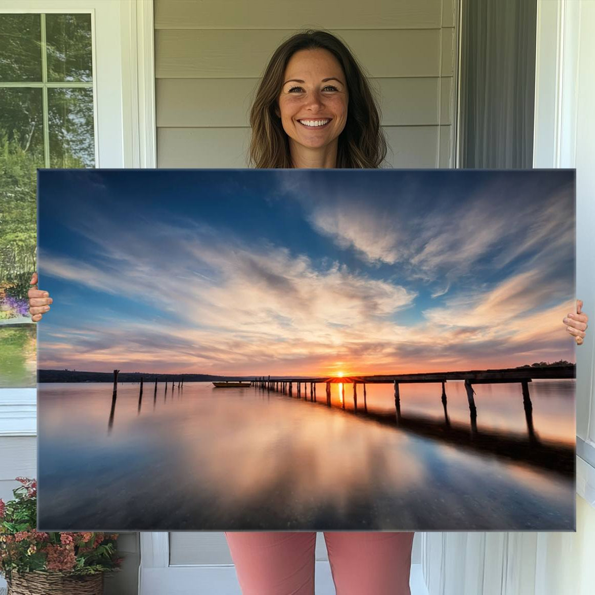 -Sunset Pier Giclee Canvas Wall Art – Serene Coastal Landscape for Modern Home Decor, Large
