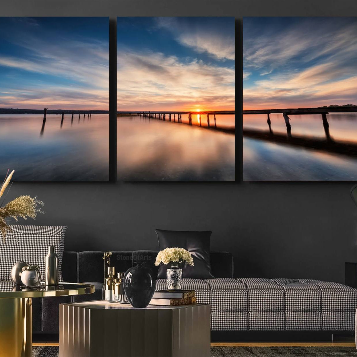 11855-MGV-CV-60X30-3P-Sunset Pier Giclee Canvas Wall Art – Serene Coastal Landscape for Modern Home Decor, Large