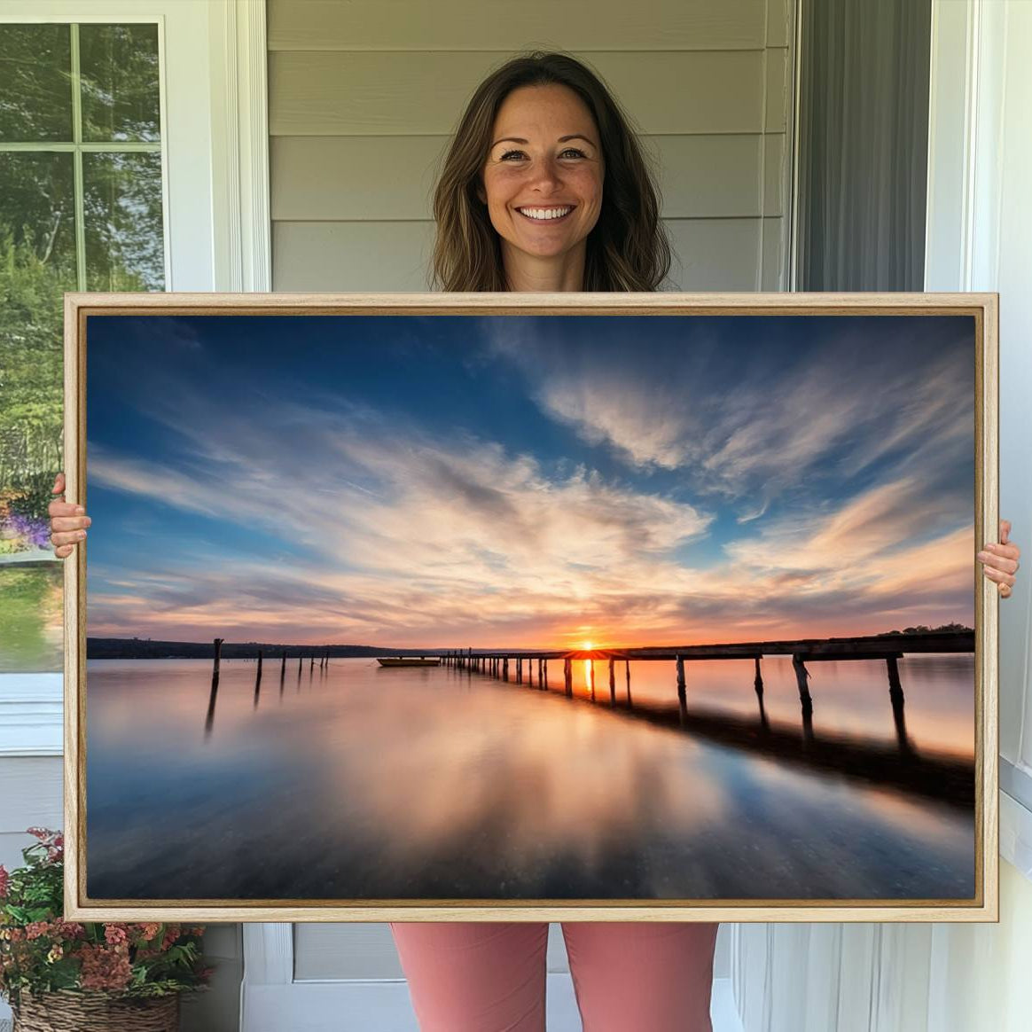 -Sunset Pier Giclee Canvas Wall Art – Serene Coastal Landscape for Modern Home Decor, Large