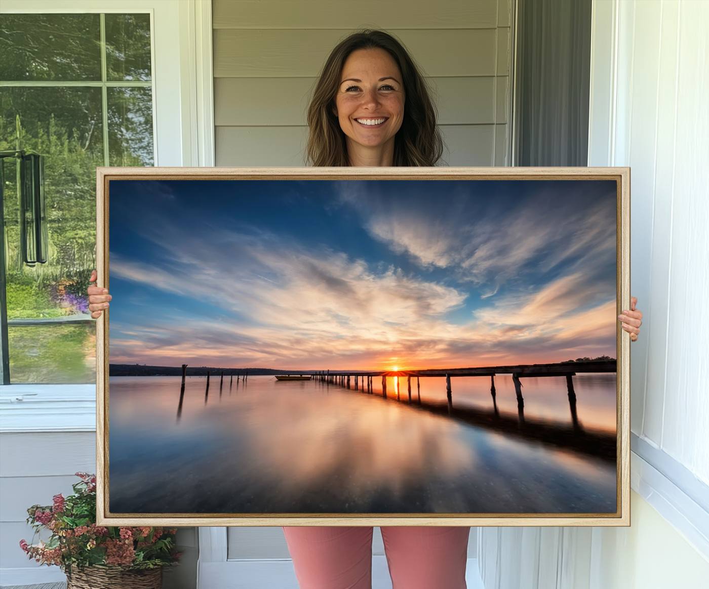 -Sunset Pier Giclee Canvas Wall Art – Serene Coastal Landscape for Modern Home Decor, Large