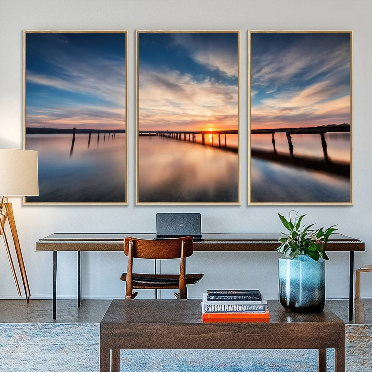 11855-MGV-FC-48X32-3P_Natural-Sunset Pier Giclee Canvas Wall Art – Serene Coastal Landscape for Modern Home Decor, Large