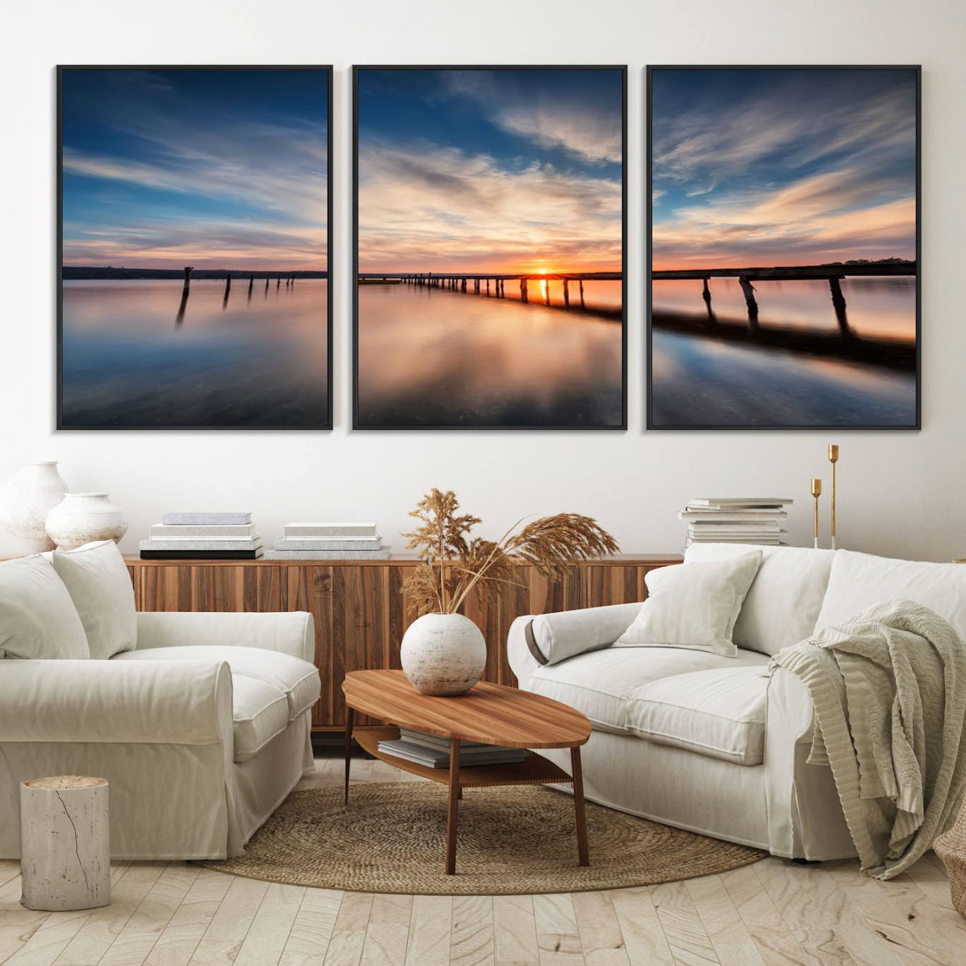 11855-MGV-FC-60X30-3P_Black-Sunset Pier Giclee Canvas Wall Art – Serene Coastal Landscape for Modern Home Decor, Large