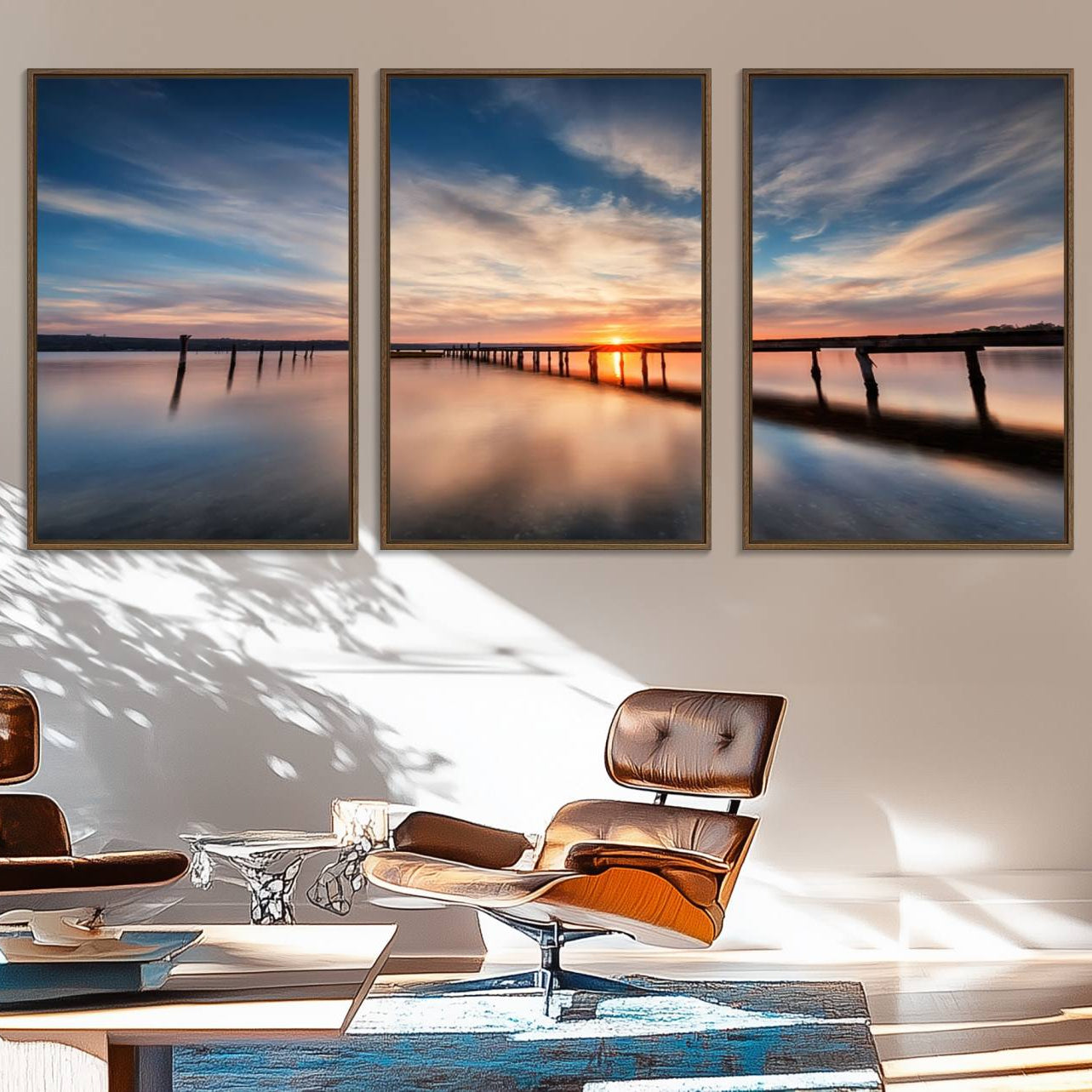 11855-MGV-FC-60X30-3P_Walnut-Sunset Pier Giclee Canvas Wall Art – Serene Coastal Landscape for Modern Home Decor, Large