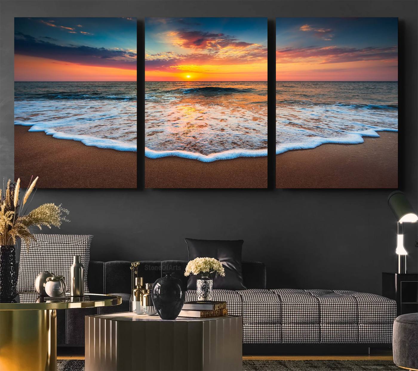 -Sunset with Calm Waves on the Beach Wall Art Canvas Print