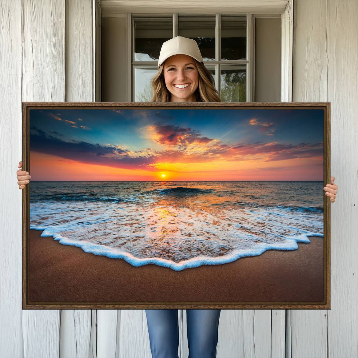 -Sunset with Calm Waves on the Beach Wall Art Canvas Print