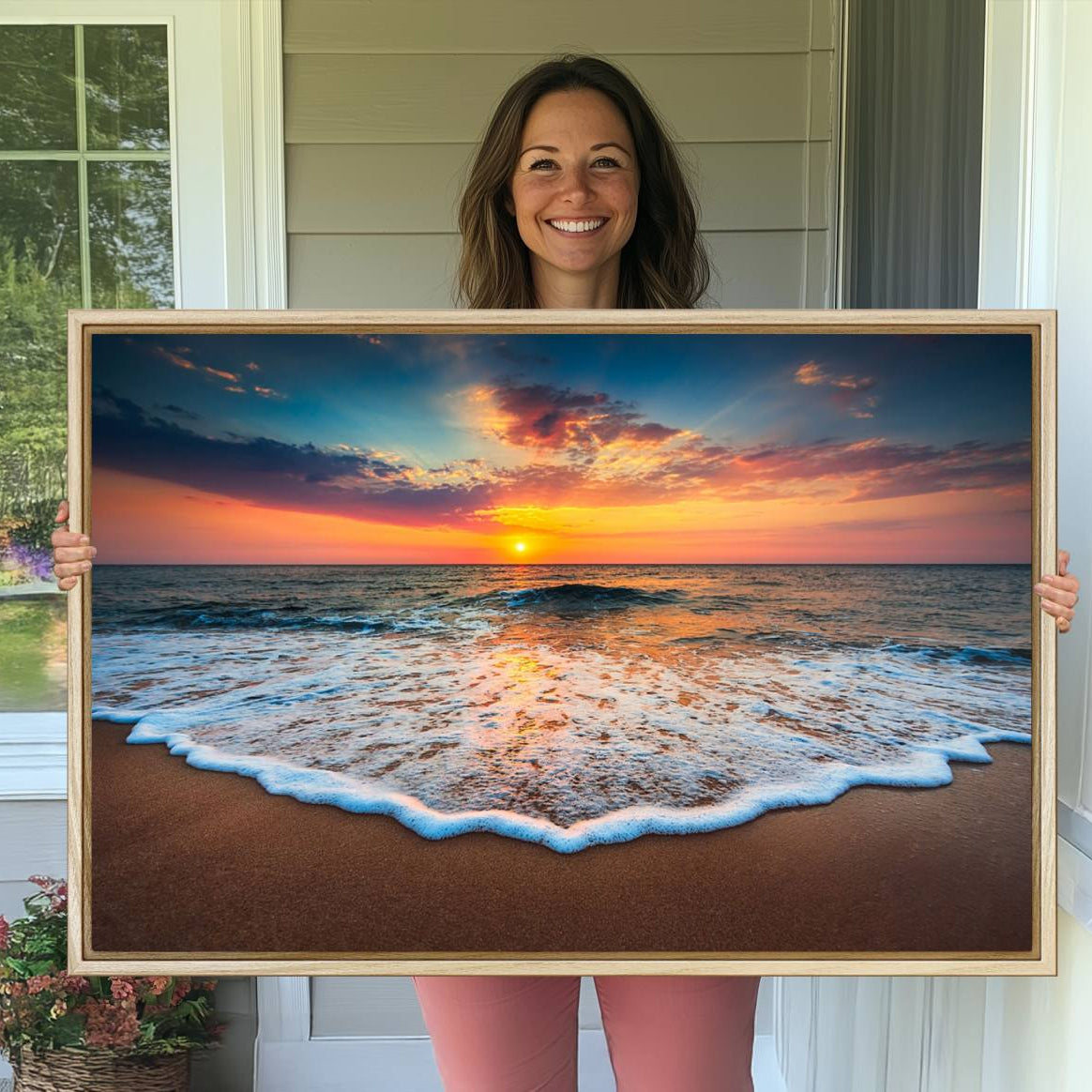 -Sunset with Calm Waves on the Beach Wall Art Canvas Print
