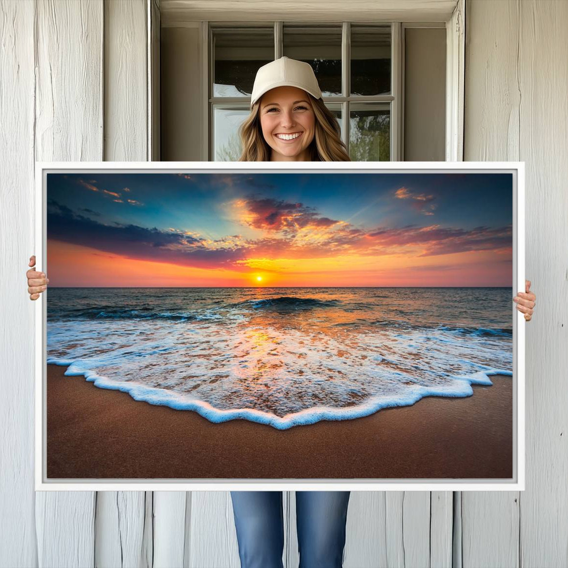 -Sunset with Calm Waves on the Beach Wall Art Canvas Print