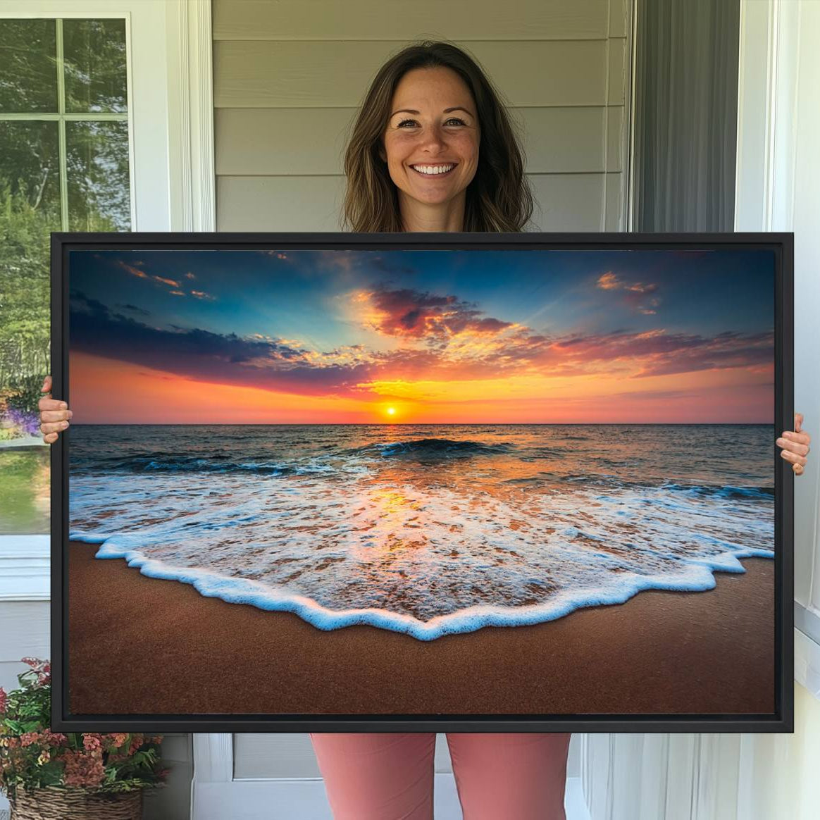 -Sunset with Calm Waves on the Beach Wall Art Canvas Print