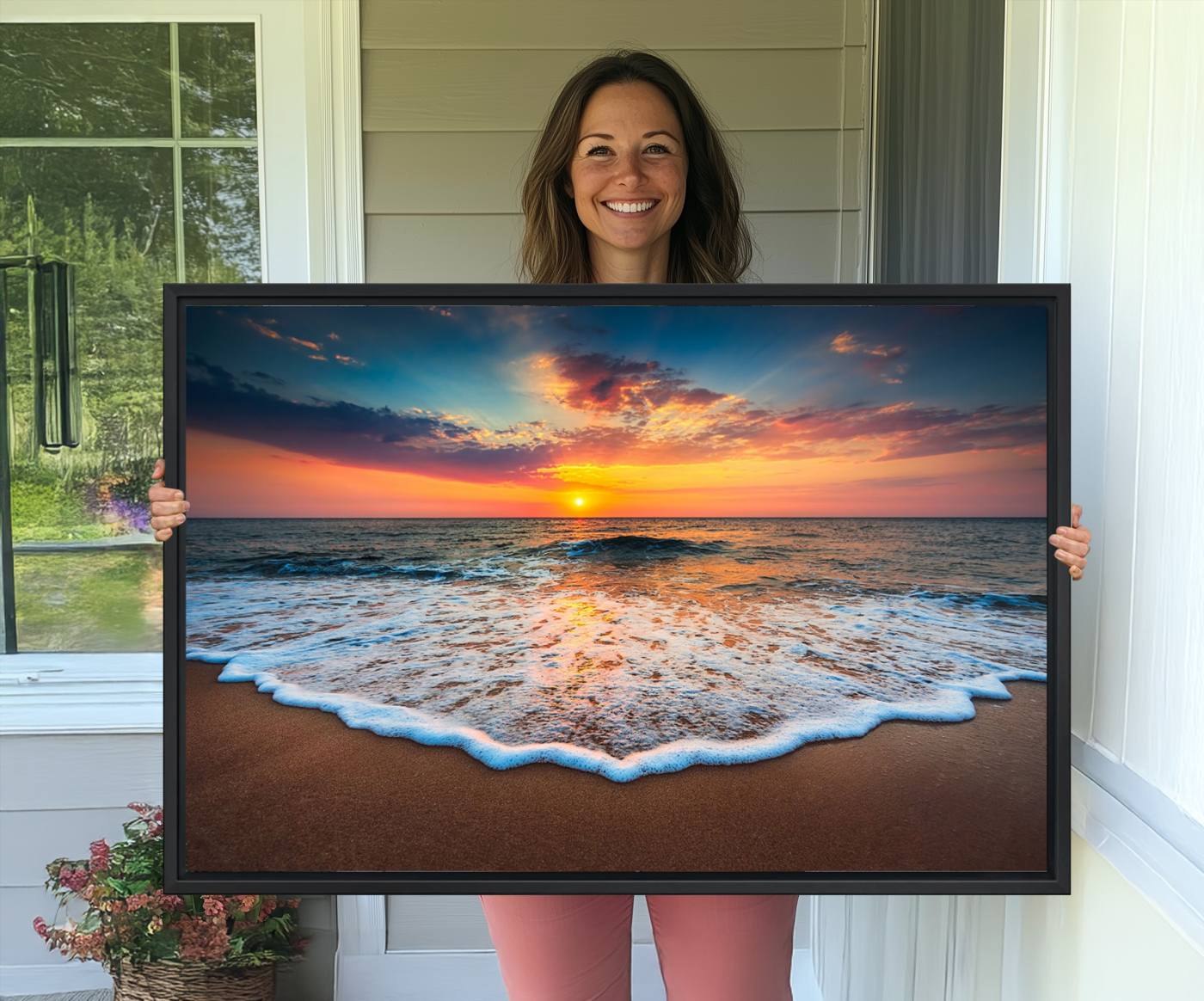 -Sunset with Calm Waves on the Beach Wall Art Canvas Print