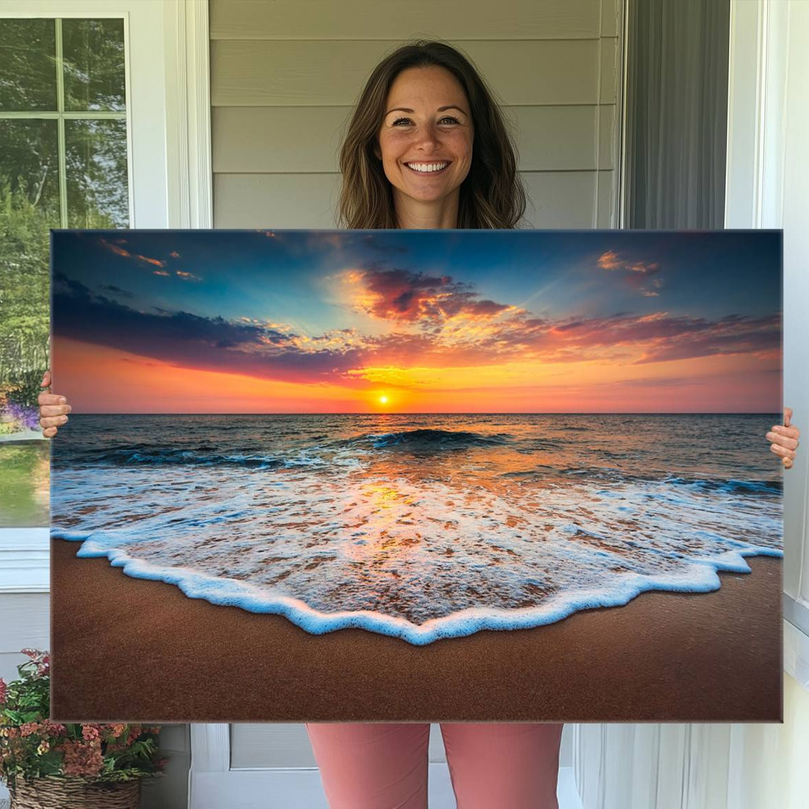 -Sunset with Calm Waves on the Beach Wall Art Canvas Print