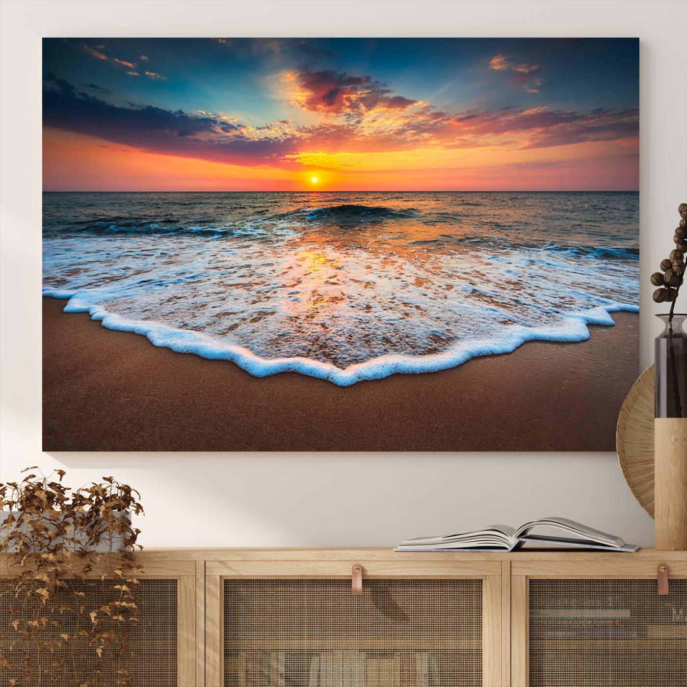 -Sunset with Calm Waves on the Beach Wall Art Canvas Print