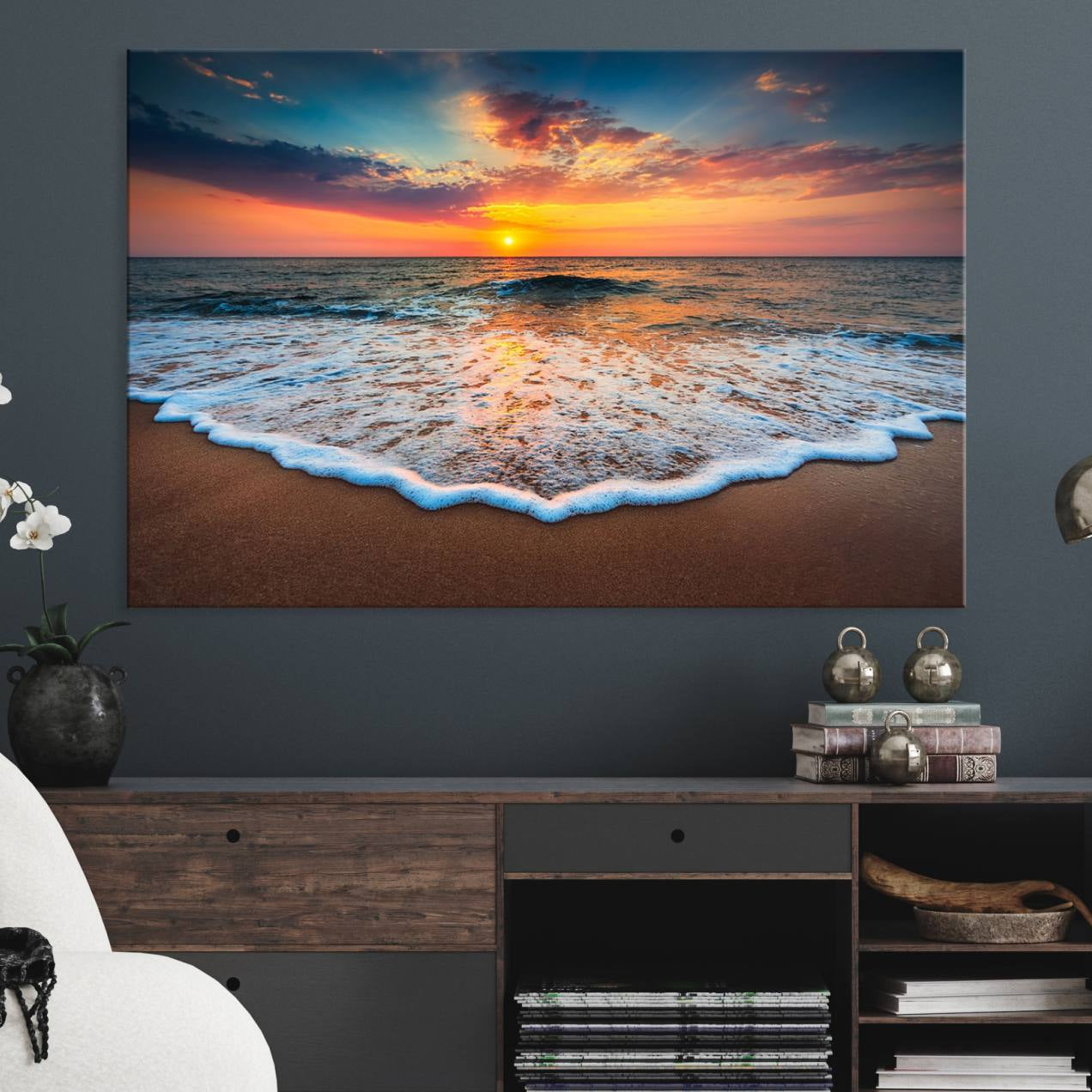 -Sunset with Calm Waves on the Beach Wall Art Canvas Print