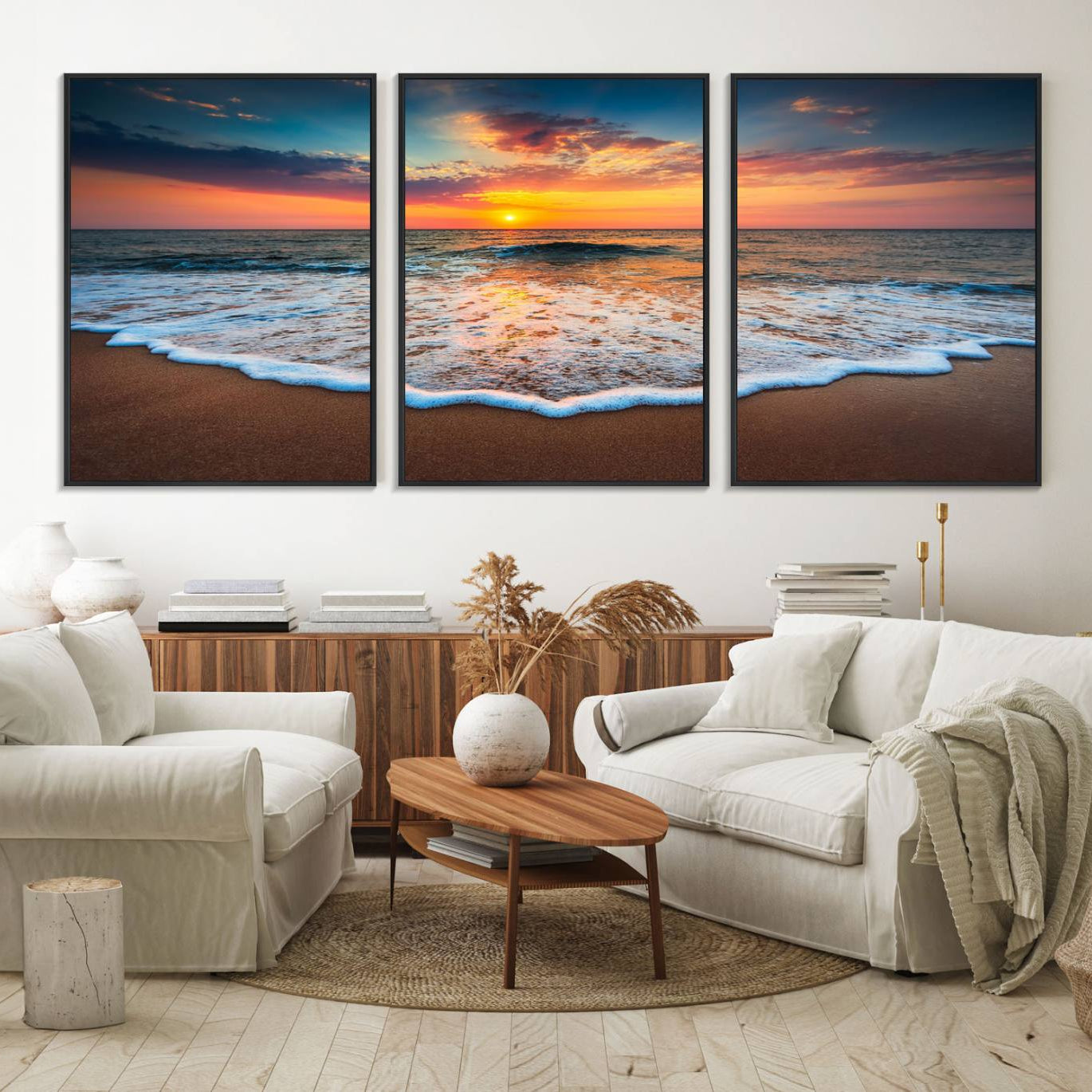 87032-MGV-FC-60X30-3P_Black-Sunset with Calm Waves on the Beach Wall Art Canvas Print