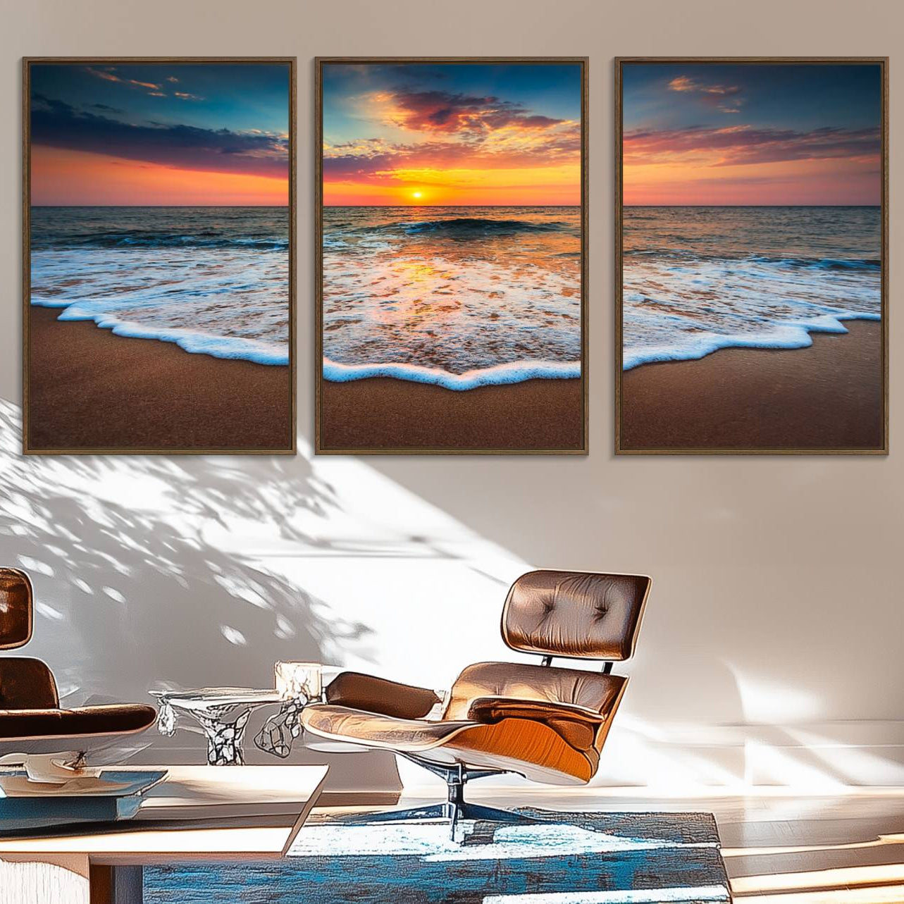 87032-MGV-FC-60X30-3P_Walnut-Sunset with Calm Waves on the Beach Wall Art Canvas Print