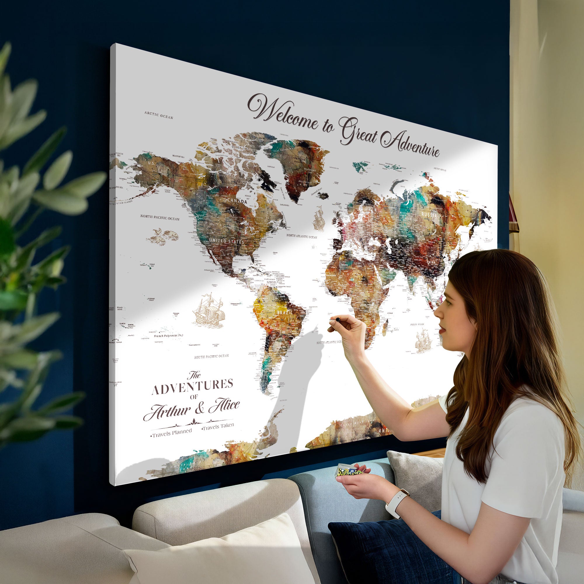 20271103-MGV-CV-36X24-Customizable Framed World Map Canvas Print – Personalized Push Pin Travel Map Print Gift for Couples Explorers for Home, Office