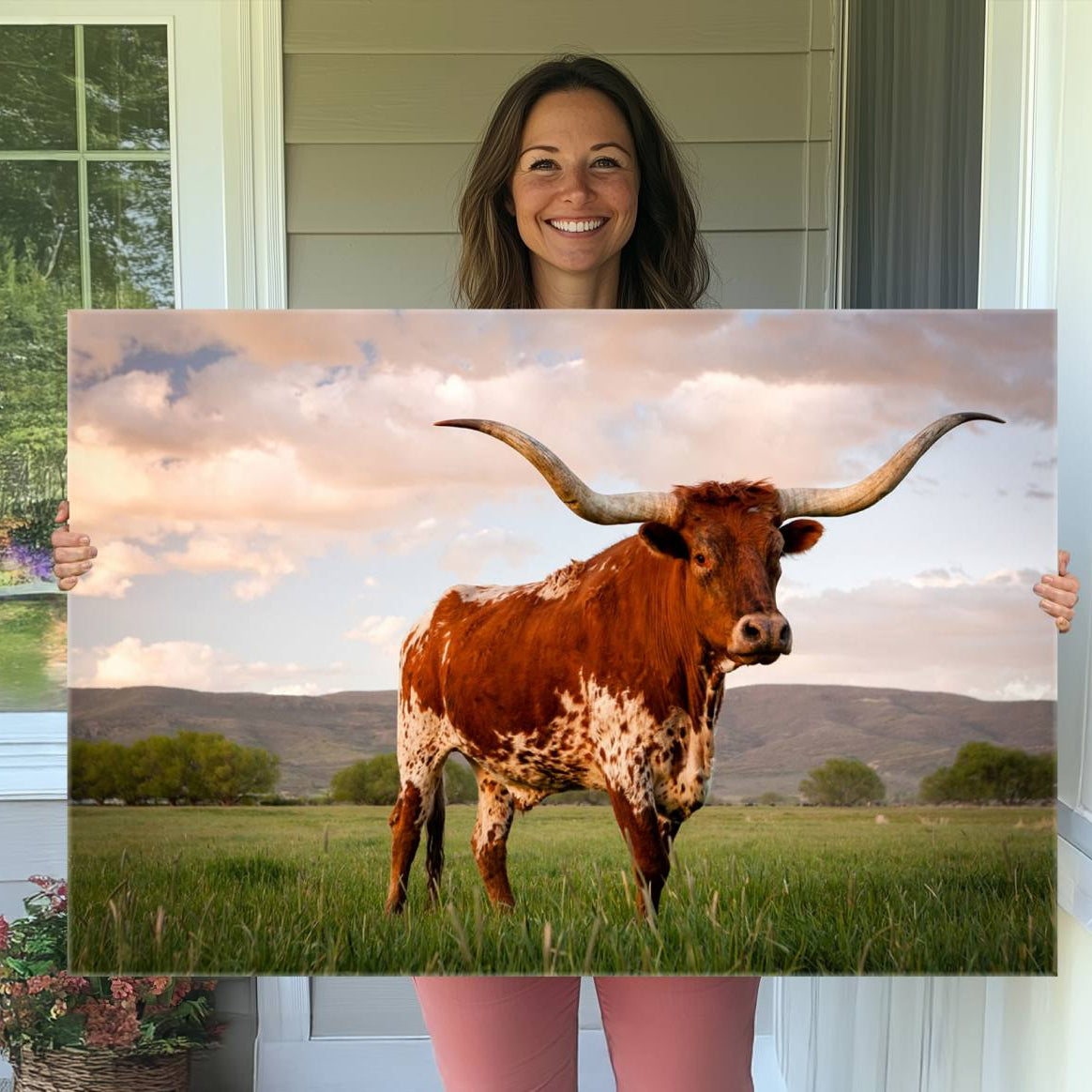 37021-MGV-CV-36X24-Texas Cow Canvas Wall Art Print, Animal Pictures and Stretched Wall Art
