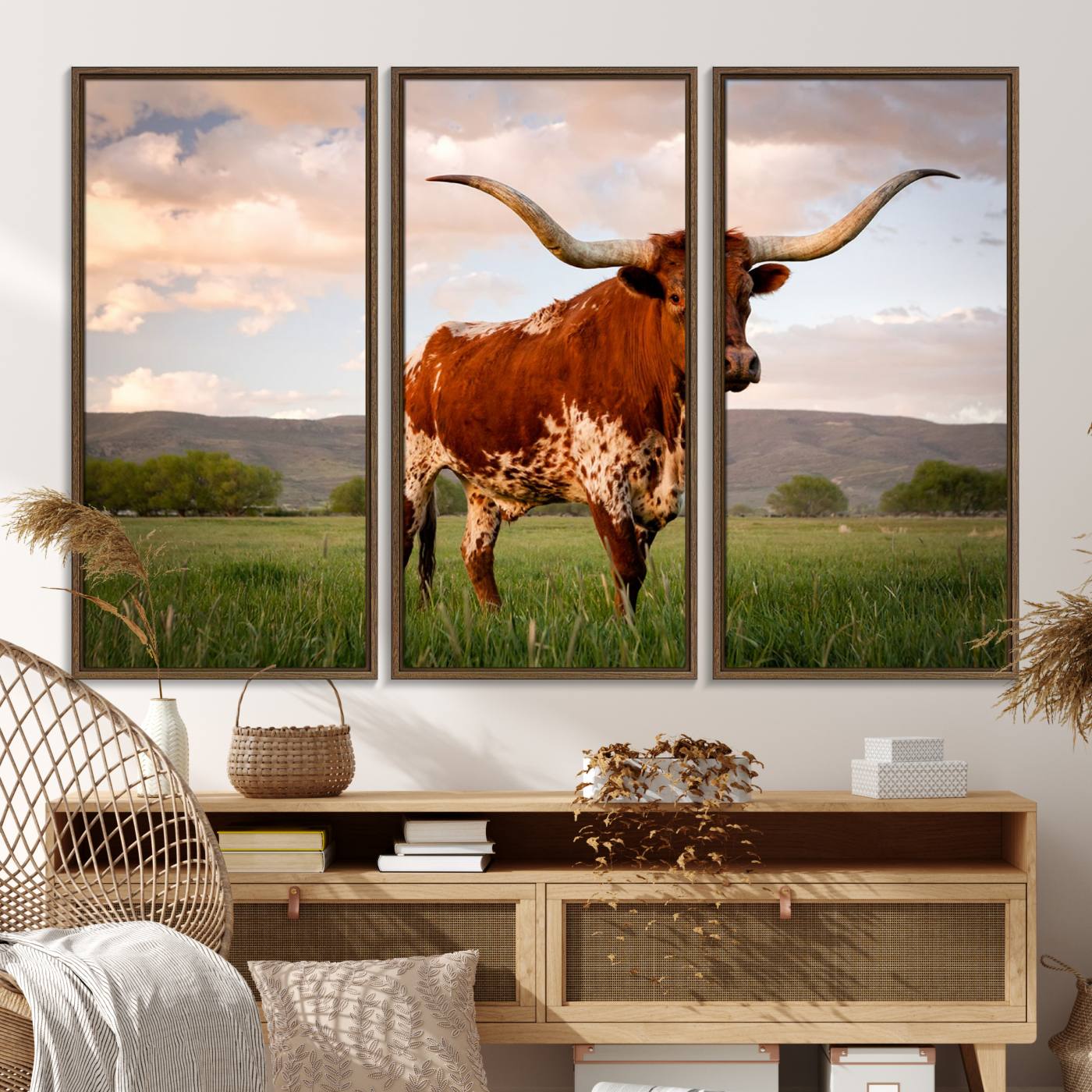 37021-MGV-FC-48X32-3P_Walnut-Texas Cow Canvas Wall Art Print, Animal Pictures and Stretched Wall Art