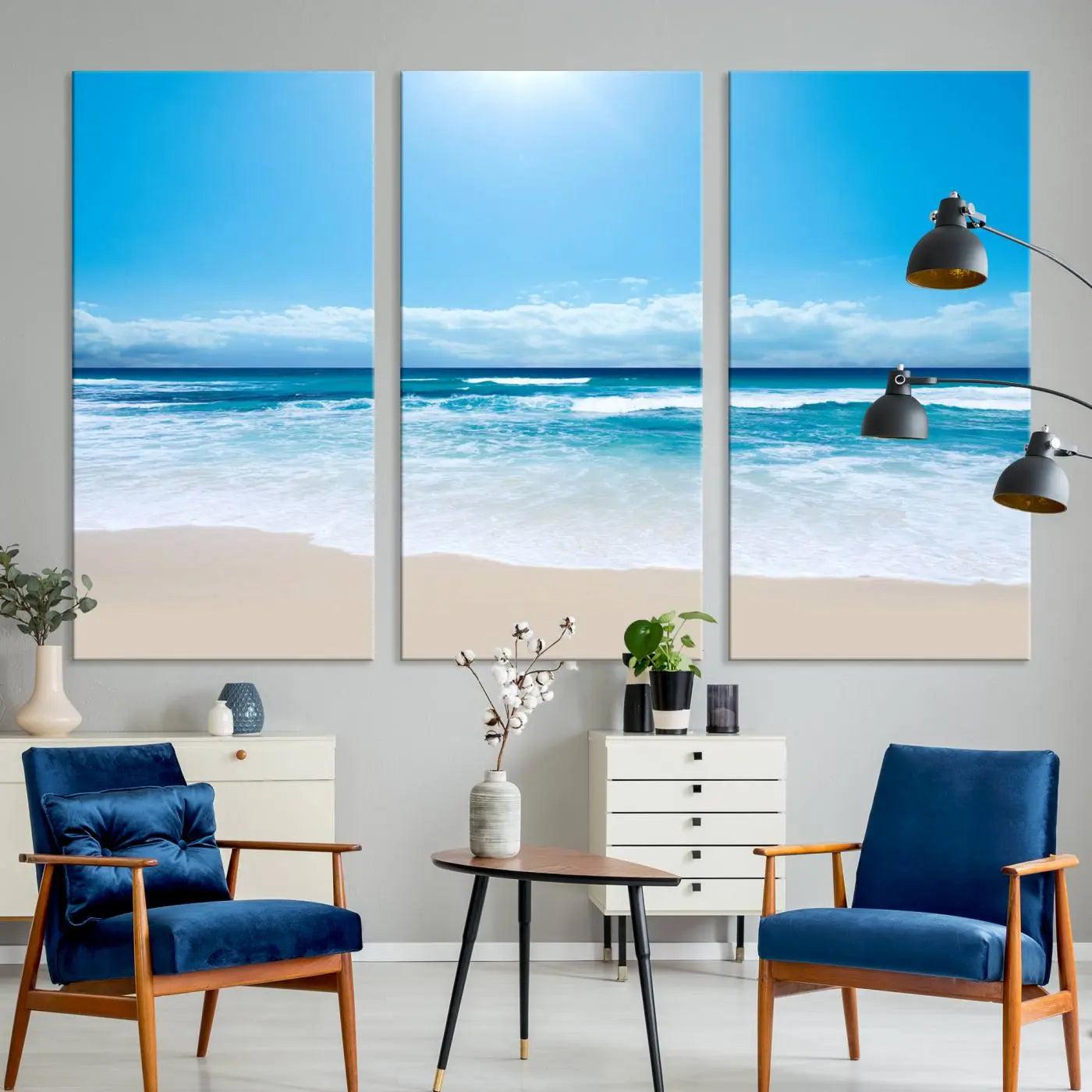 -Tranquil Ocean Waves Canvas Wall Art Print – Bright Coastal Beach Wall Decor for Home or Office –