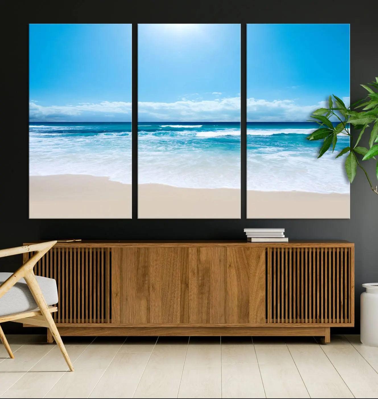 -Tranquil Ocean Waves Canvas Wall Art Print – Bright Coastal Beach Wall Decor for Home or Office –