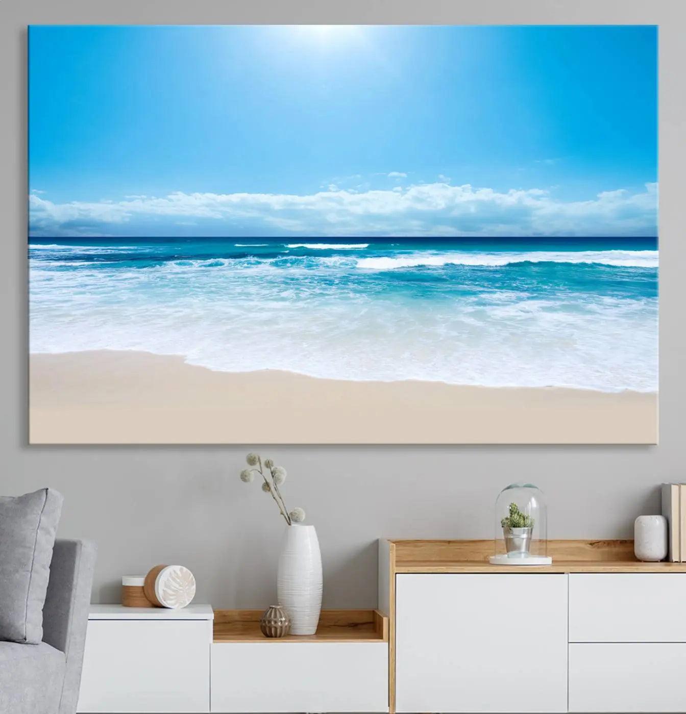 -Tranquil Ocean Waves Canvas Wall Art Print – Bright Coastal Beach Wall Decor for Home or Office –