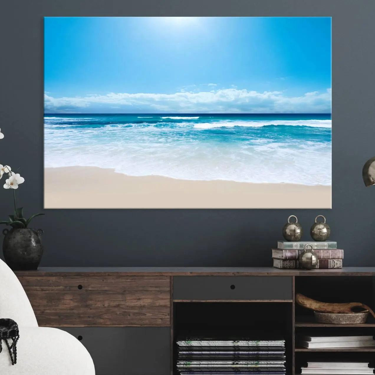 -Tranquil Ocean Waves Canvas Wall Art Print – Bright Coastal Beach Wall Decor for Home or Office –