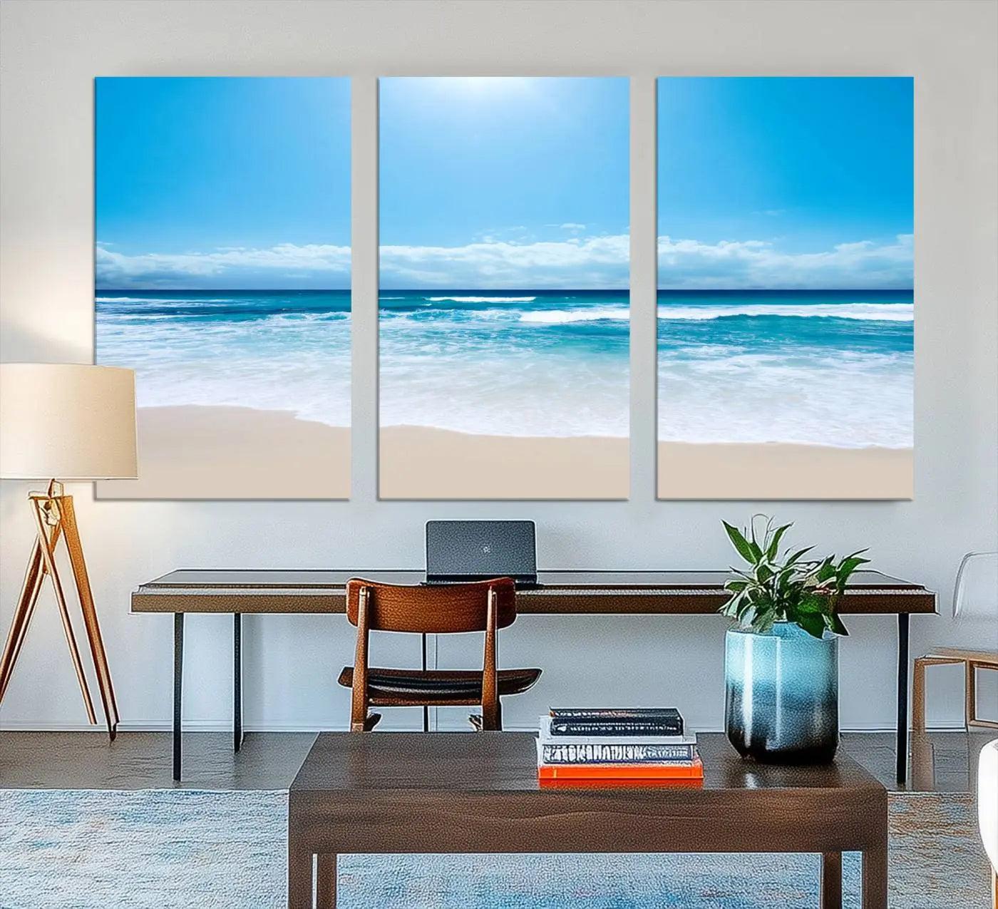 79903-MGV-CV-48X32-3P-Tranquil Ocean Waves Canvas Wall Art Print – Bright Coastal Beach Wall Decor for Home or Office –
