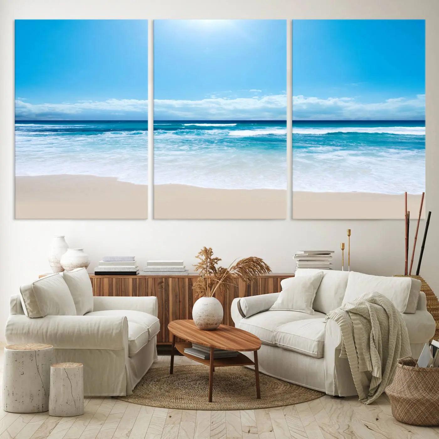 79903-MGV-CV-60X30-3P-Tranquil Ocean Waves Canvas Wall Art Print – Bright Coastal Beach Wall Decor for Home or Office –
