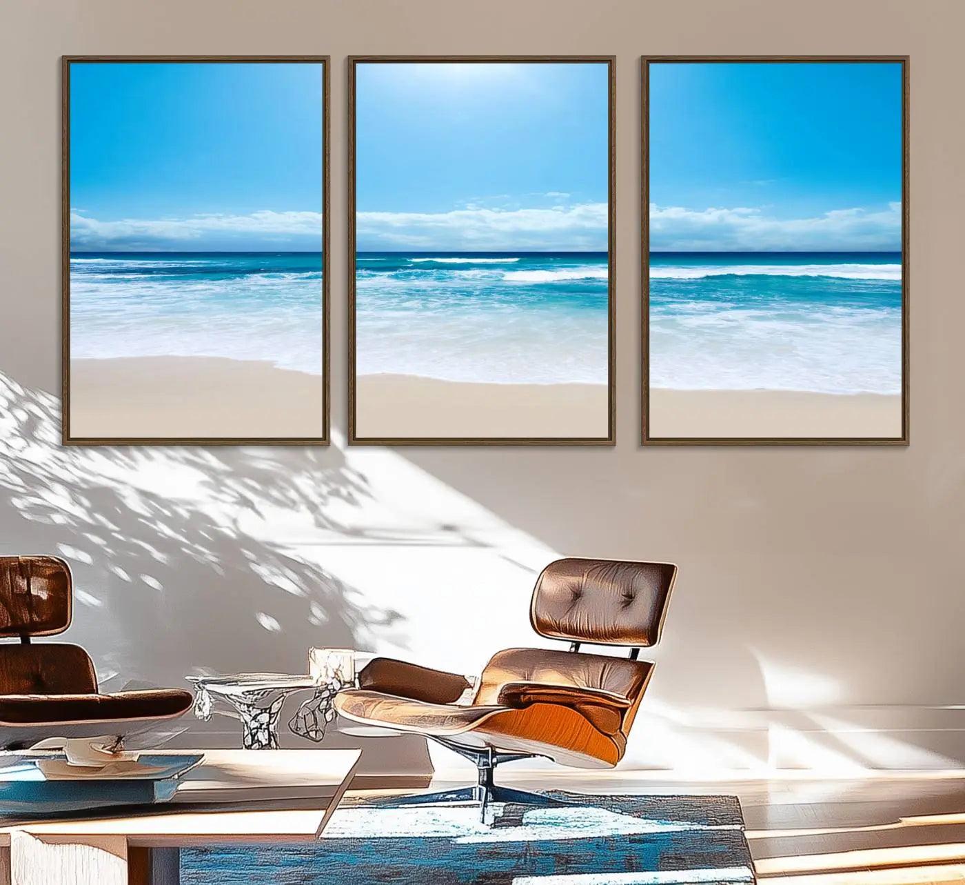 79903-MGV-FC-60X30-3P_Walnut-Tranquil Ocean Waves Canvas Wall Art Print – Bright Coastal Beach Wall Decor for Home or Office –