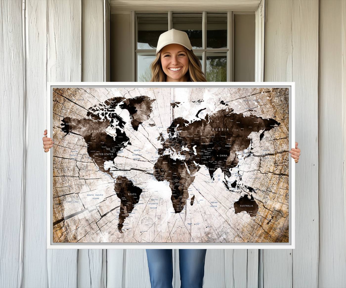 -Push Pin World Map Canvas Print – Framed Wall Art for Couples to Track Their Travels – Anniversary