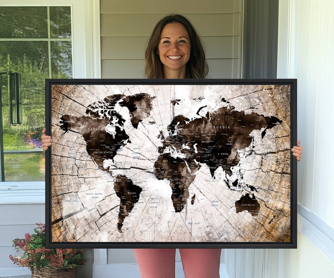 -Push Pin World Map Canvas Print – Framed Wall Art for Couples to Track Their Travels – Anniversary