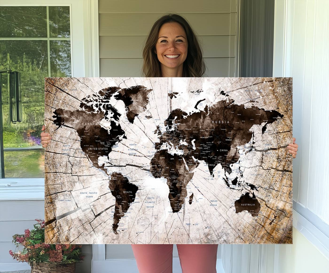 -Push Pin World Map Canvas Print – Framed Wall Art for Couples to Track Their Travels – Anniversary