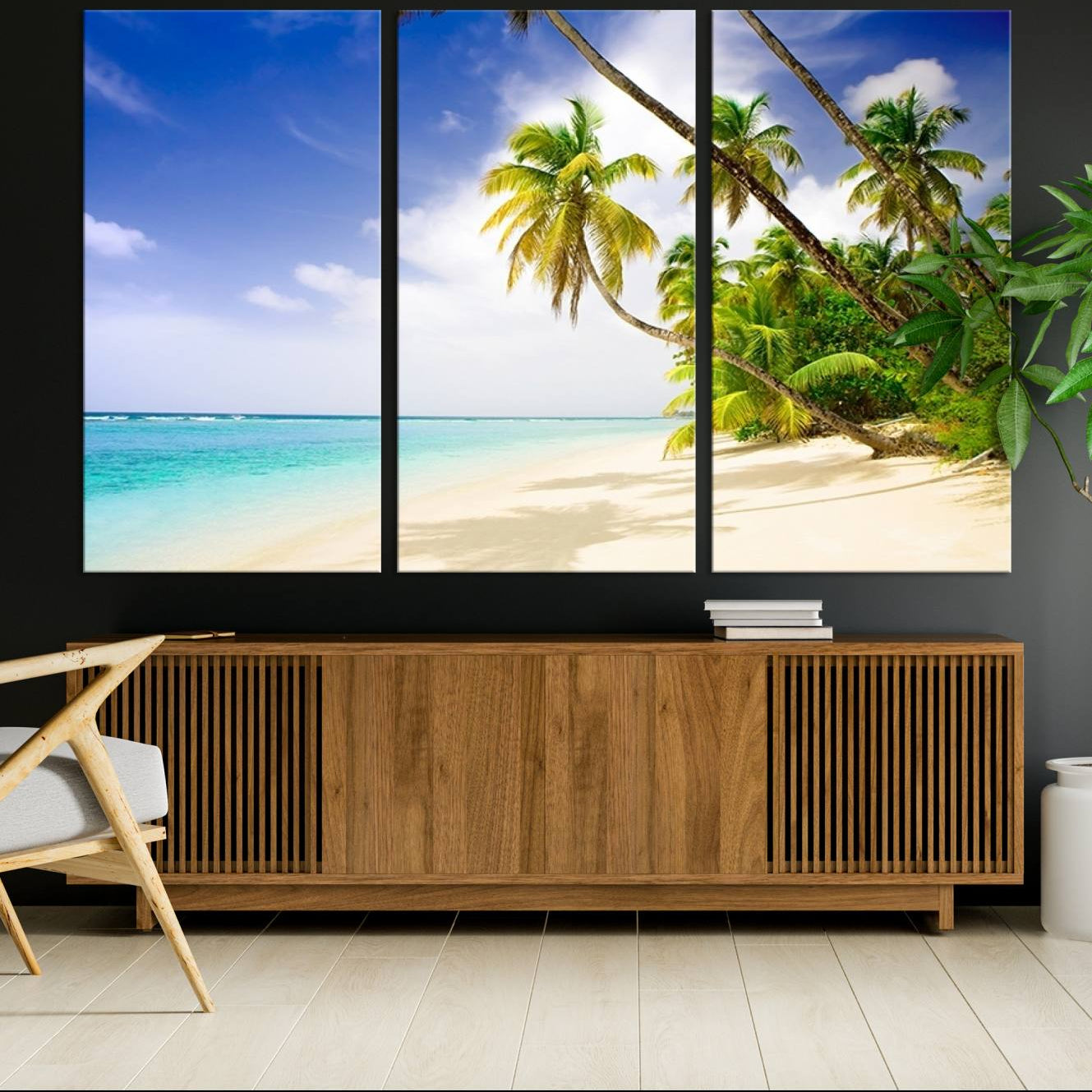 -Tropical Beach Canvas Wall Art Print – Palm Trees and White Sand Shore Wall Decor for Home or Office