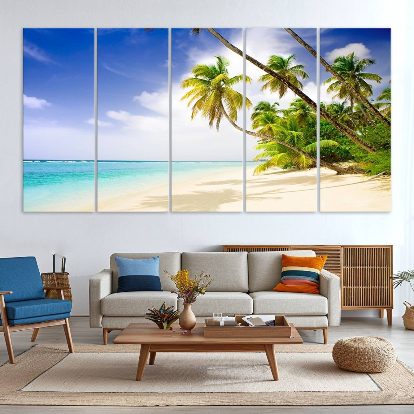 -Tropical Beach Canvas Wall Art Print – Palm Trees and White Sand Shore Wall Decor for Home or Office