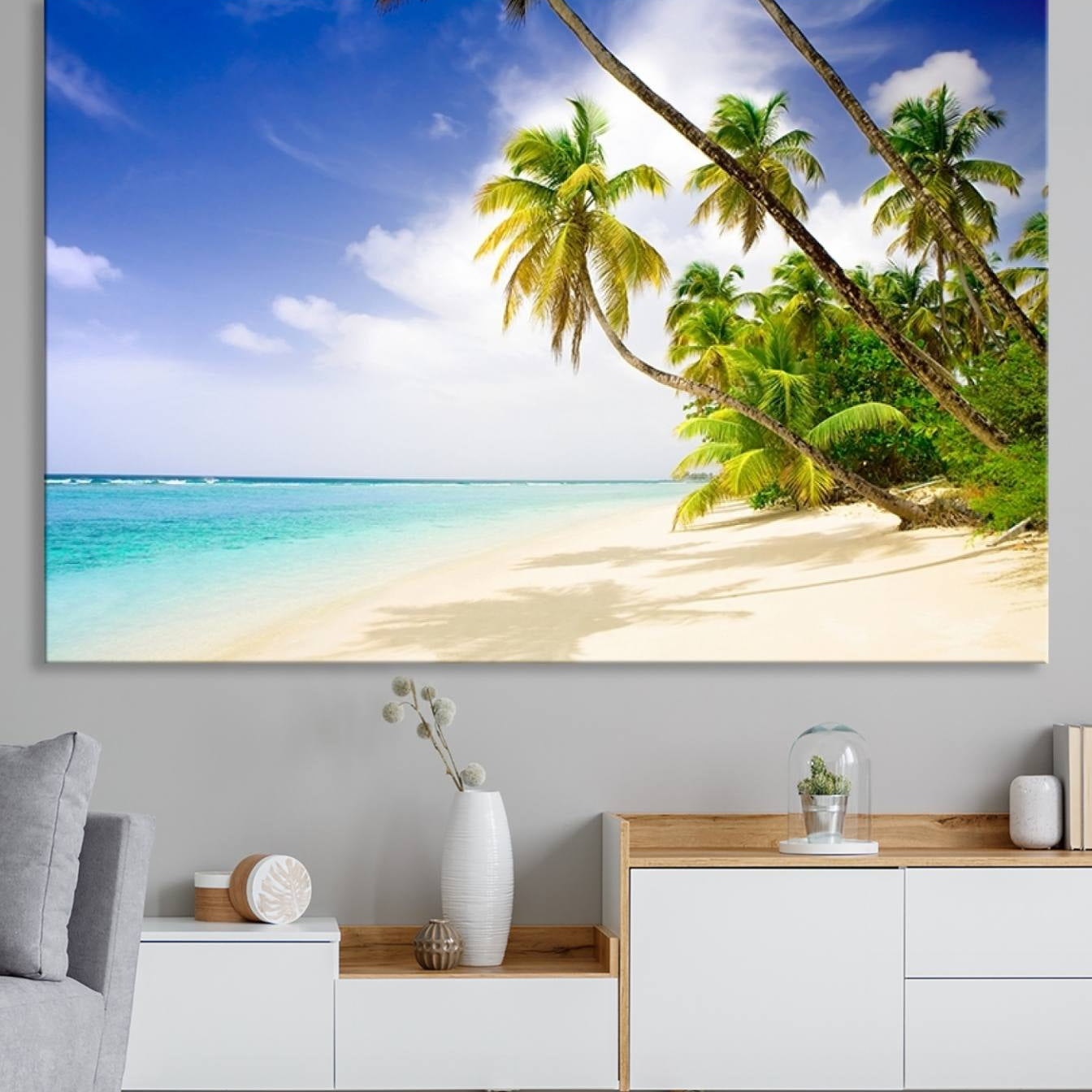 -Tropical Beach Canvas Wall Art Print – Palm Trees and White Sand Shore Wall Decor for Home or Office