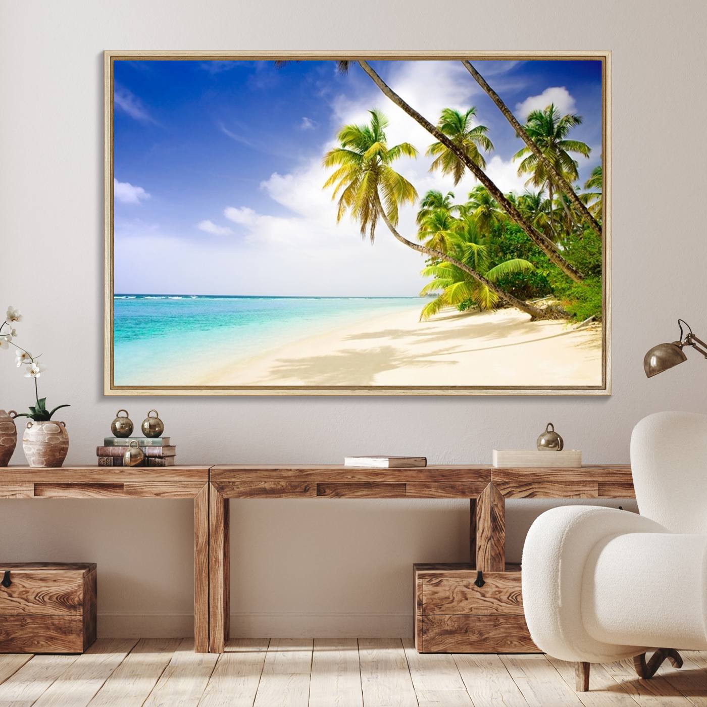86067-MGV-FC-36X24_Natural-Tropical Beach Canvas Wall Art Print – Palm Trees and White Sand Shore Wall Decor for Home or Office