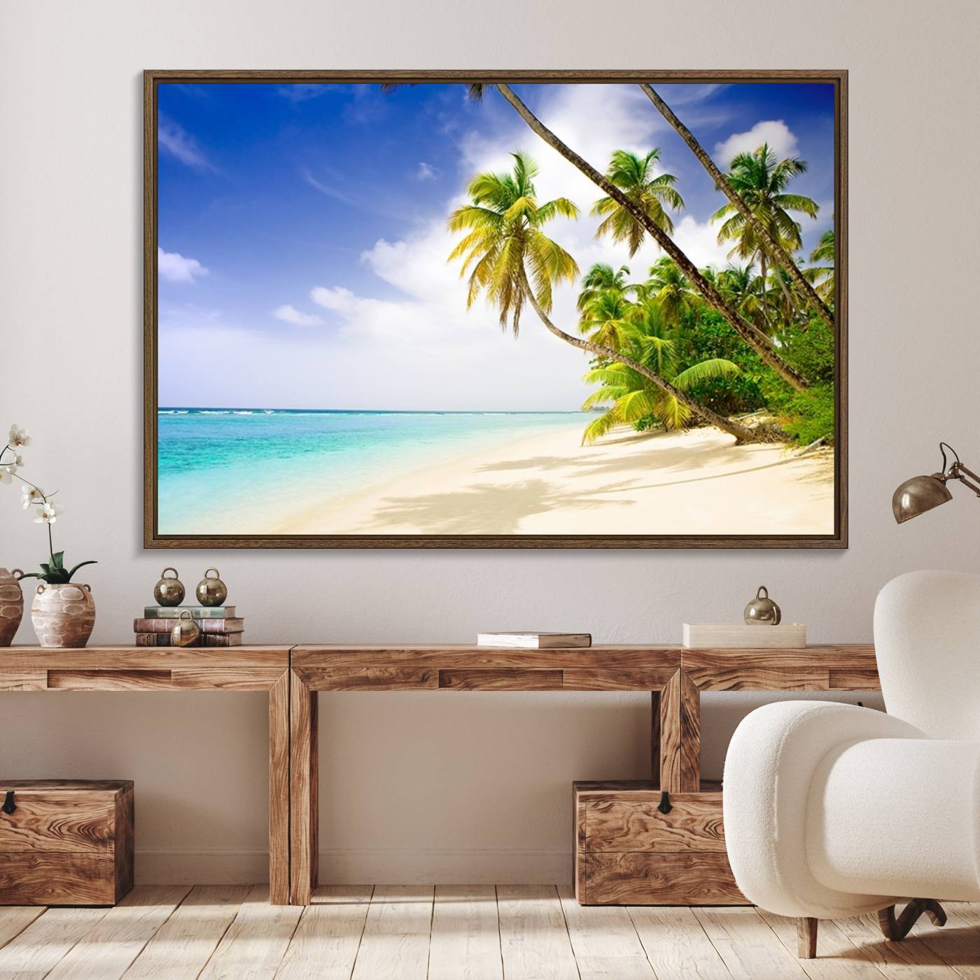 86067-MGV-FC-36X24_Walnut-Tropical Beach Canvas Wall Art Print – Palm Trees and White Sand Shore Wall Decor for Home or Office