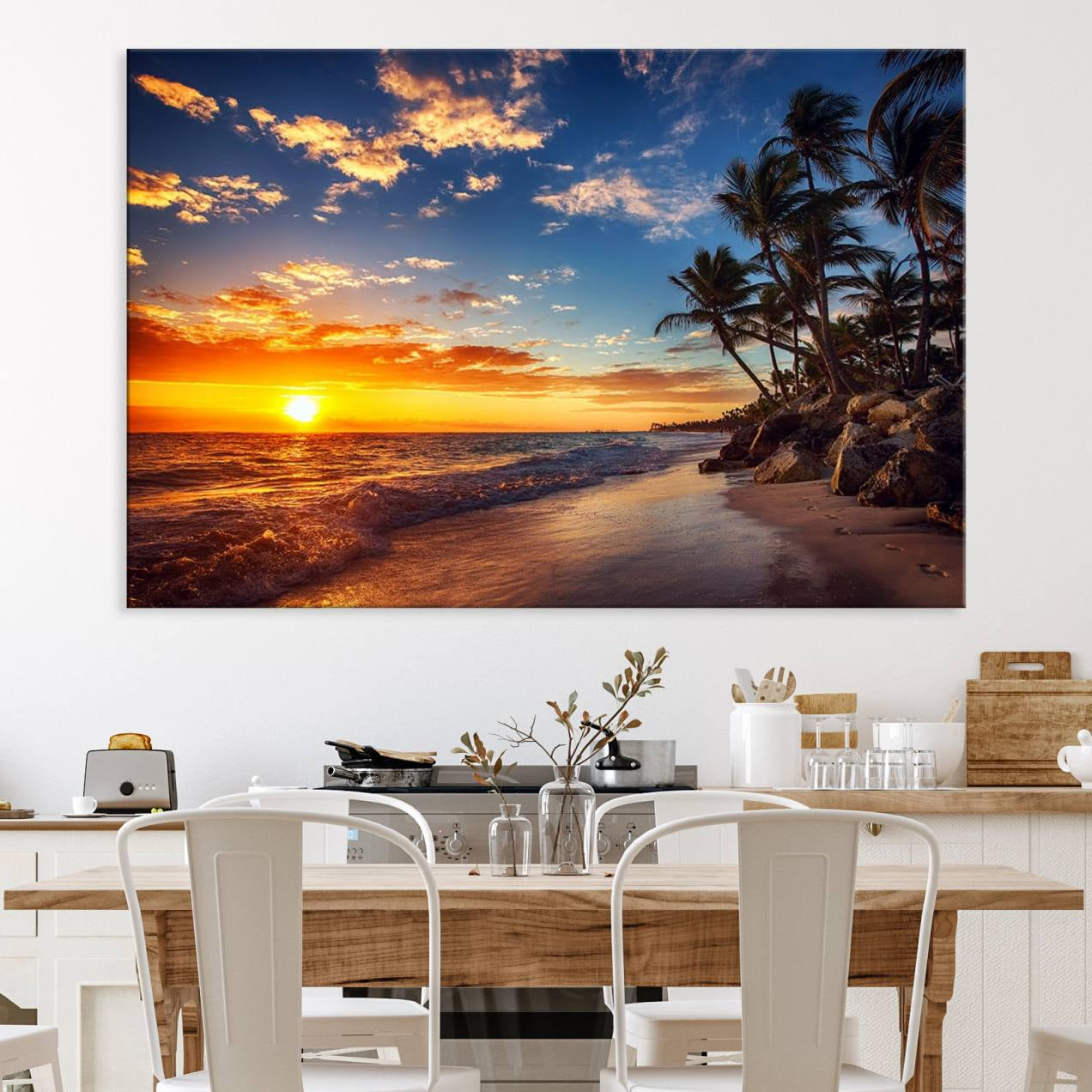 -Tropical Beach Sunset Canvas Art, Palm Trees and Ocean Waves Canvas Wall Art, Giclee Print