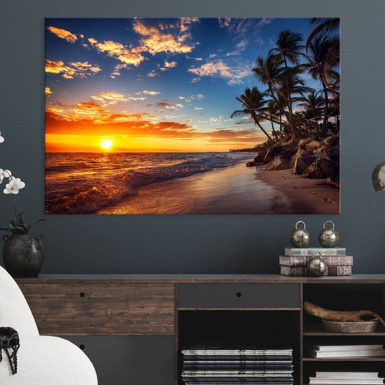 -Tropical Beach Sunset Canvas Art, Palm Trees and Ocean Waves Canvas Wall Art, Giclee Print