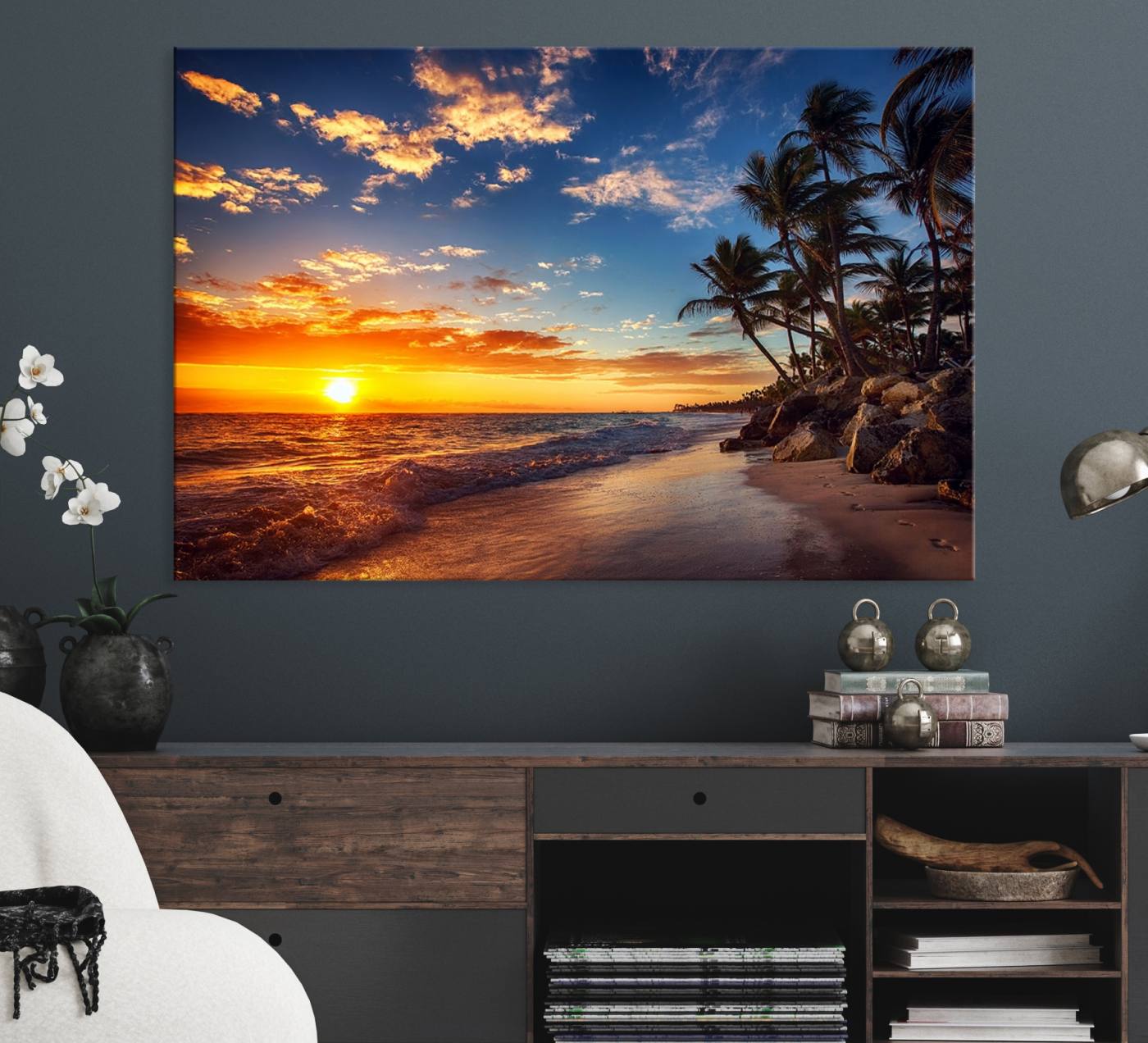 83855-MGV-CV-36X24-Tropical Beach Sunset Canvas Art, Palm Trees and Ocean Waves Canvas Wall Art, Giclee Print