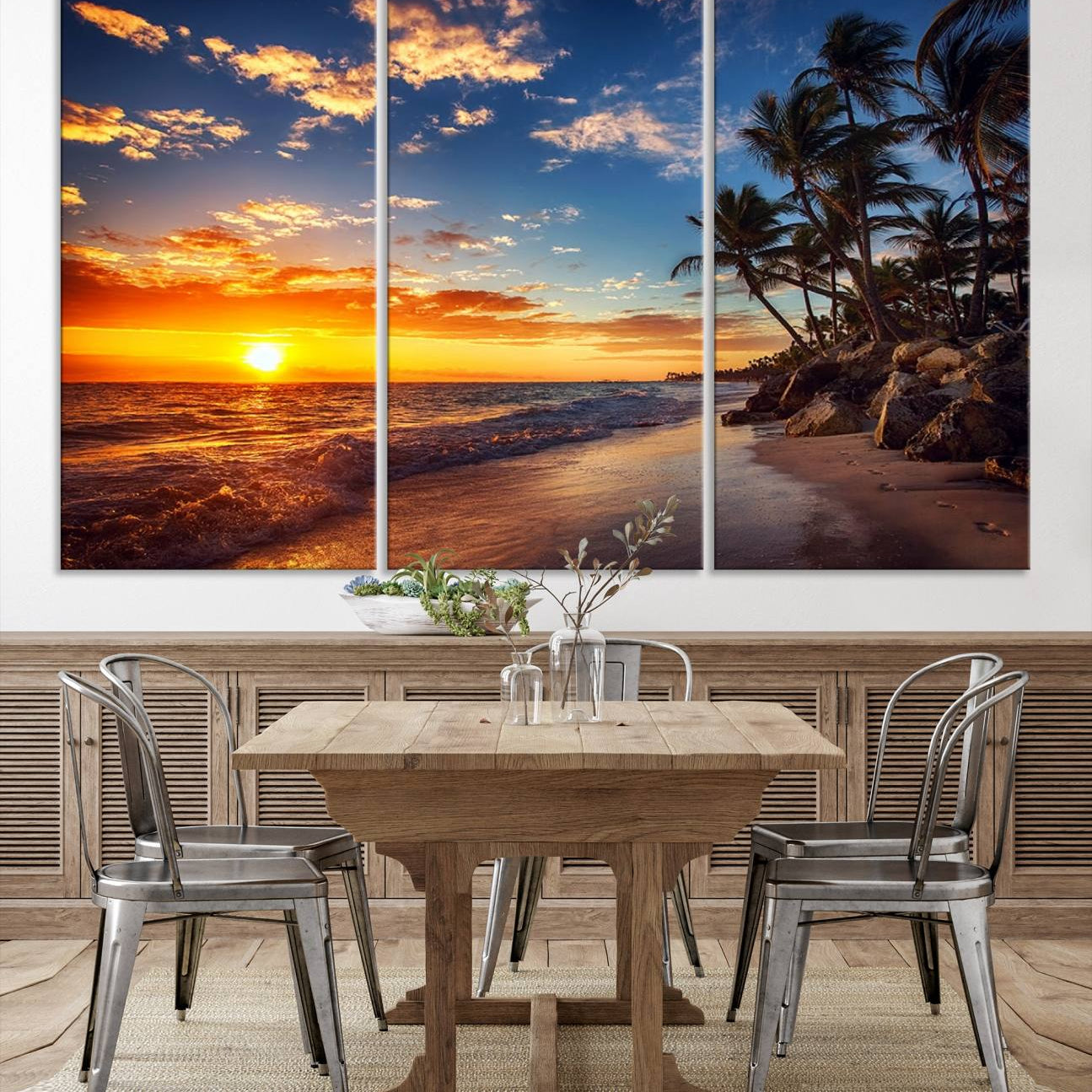 -Tropical Beach Sunset Canvas Art, Palm Trees and Ocean Waves Canvas Wall Art, Giclee Print