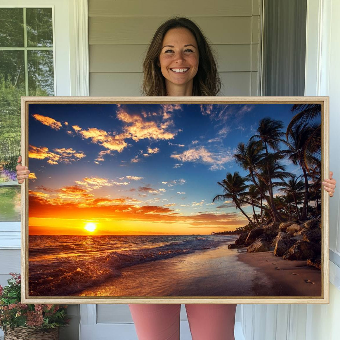-Tropical Beach Sunset Canvas Art, Palm Trees and Ocean Waves Canvas Wall Art, Giclee Print