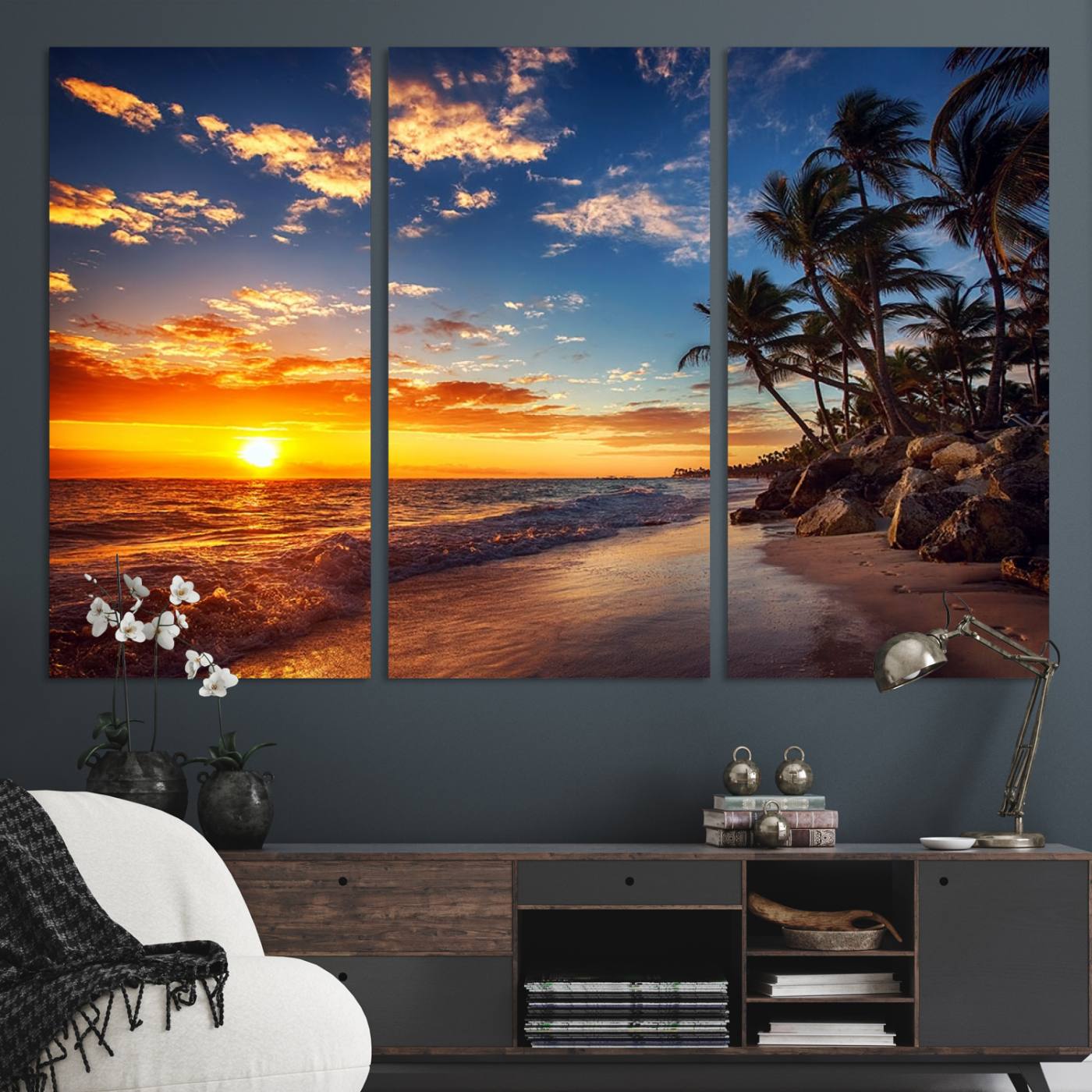 -Tropical Beach Sunset Canvas Art, Palm Trees and Ocean Waves Canvas Wall Art, Giclee Print