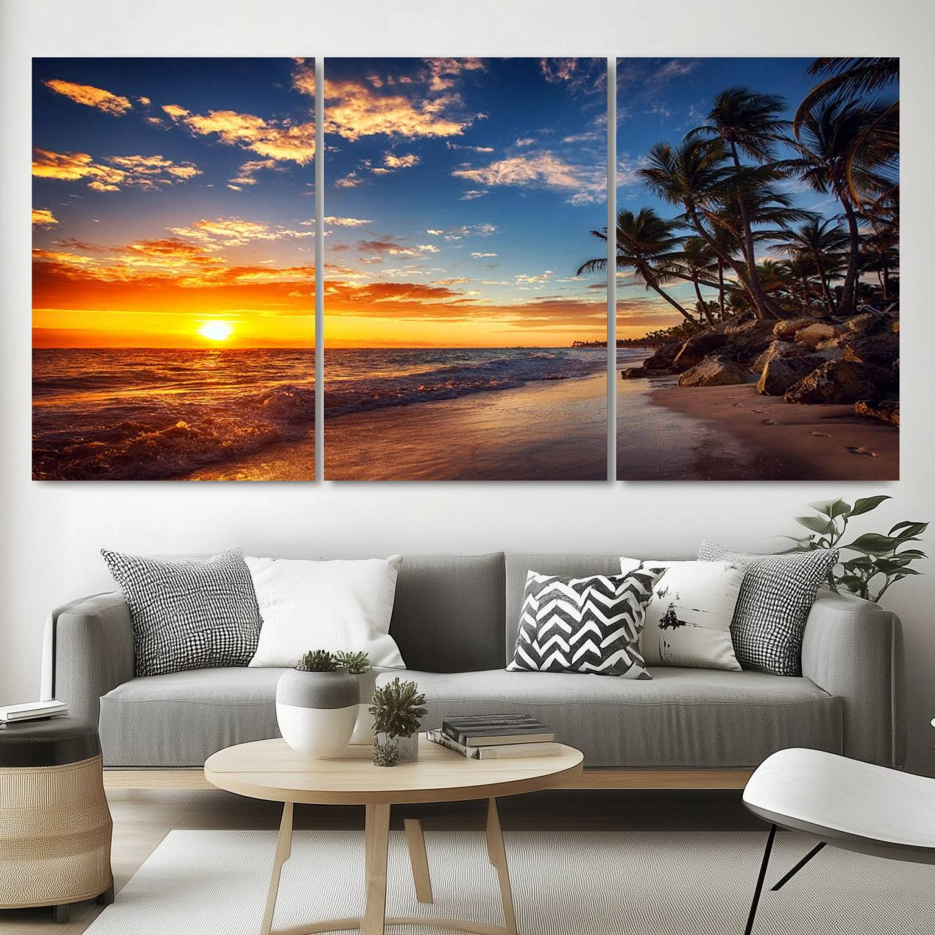 -Tropical Beach Sunset Canvas Art, Palm Trees and Ocean Waves Canvas Wall Art, Giclee Print