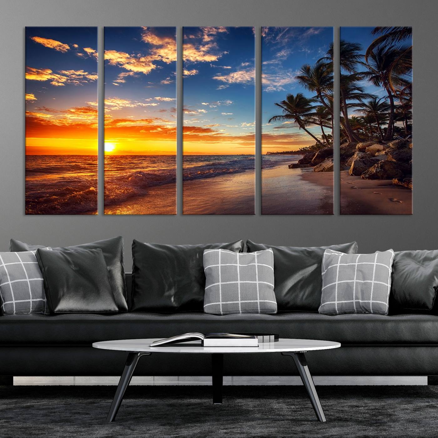 -Tropical Beach Sunset Canvas Art, Palm Trees and Ocean Waves Canvas Wall Art, Giclee Print